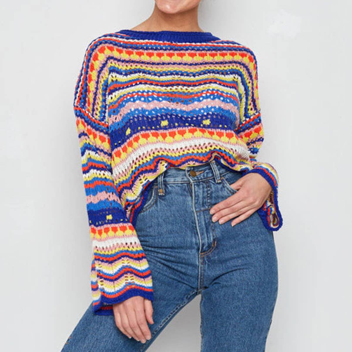 CREW NECK LONG SLEEVE PATCHWORK PULLOVER SWEATER
