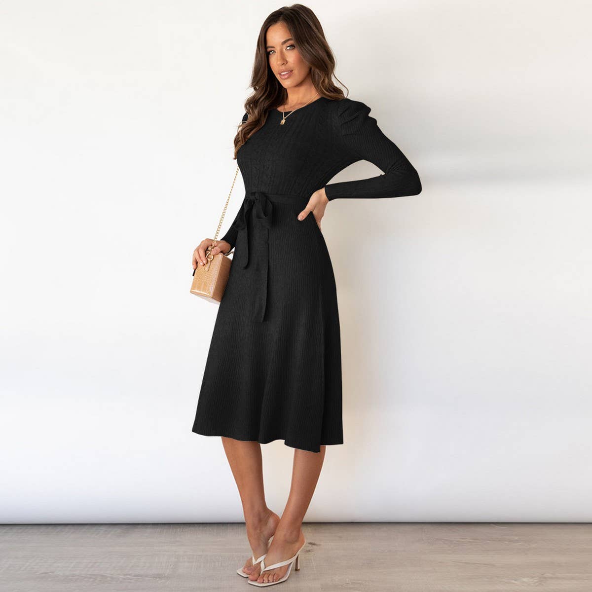 Bubble long sleeve knitted long high-waisted dress