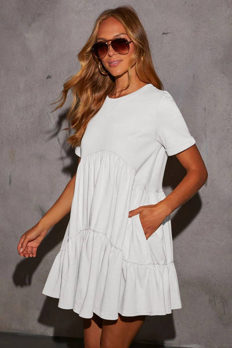 CWDSD7774_CASUAL POCKETED SHORT SLEEVE RUFFLED DRESS