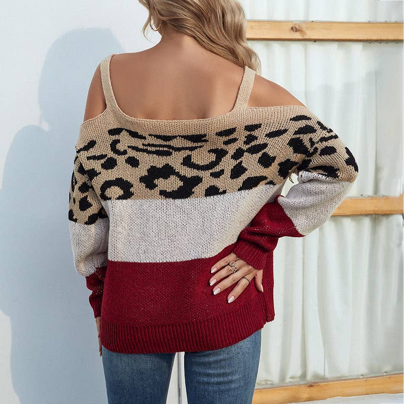 COLOR CONTRAST LEOPARD PRINT SLIP STRAP SWEATER
