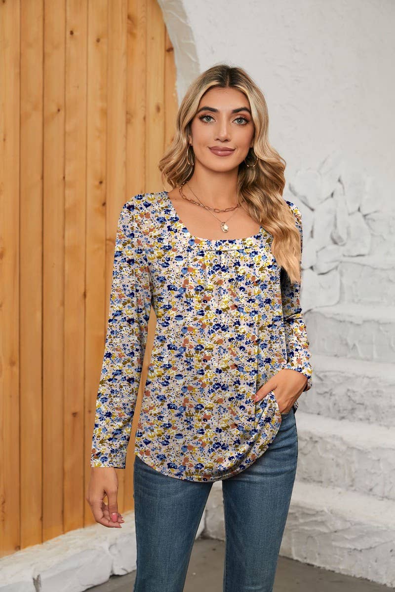 CWTBLL1043_SQUARE NECK PRINTED LONG SLEEVE CASUAL TOP
