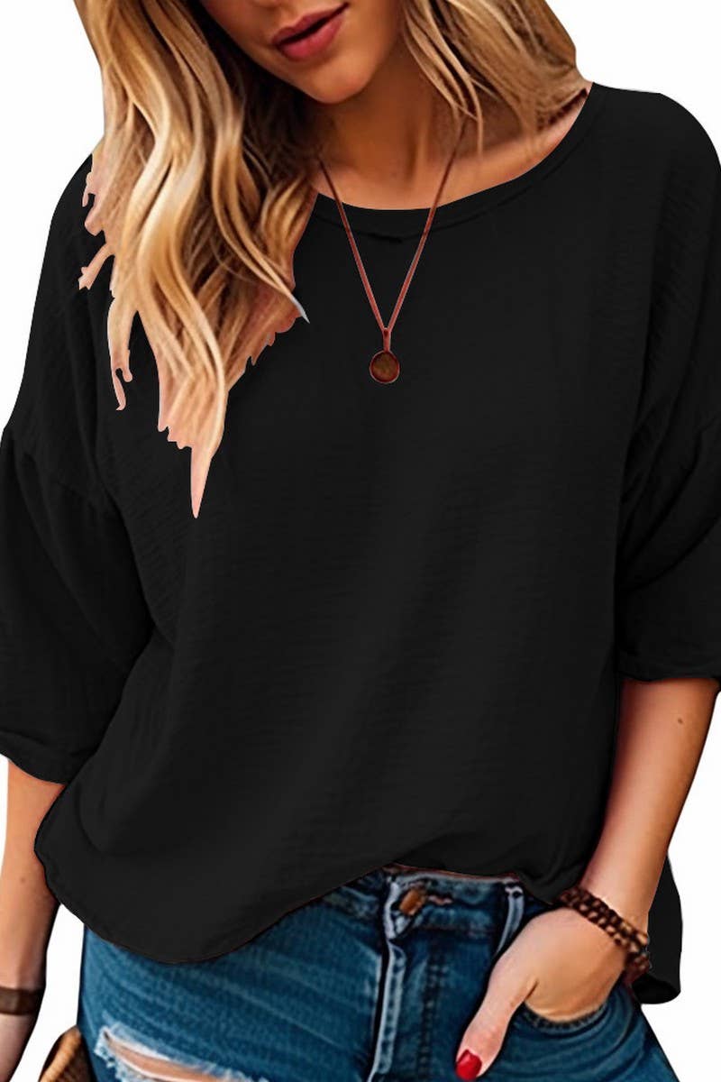 CWTBLL4087_SOLID CREW NECK 3/4 SLEEVE COMMUTER T-SHIRT