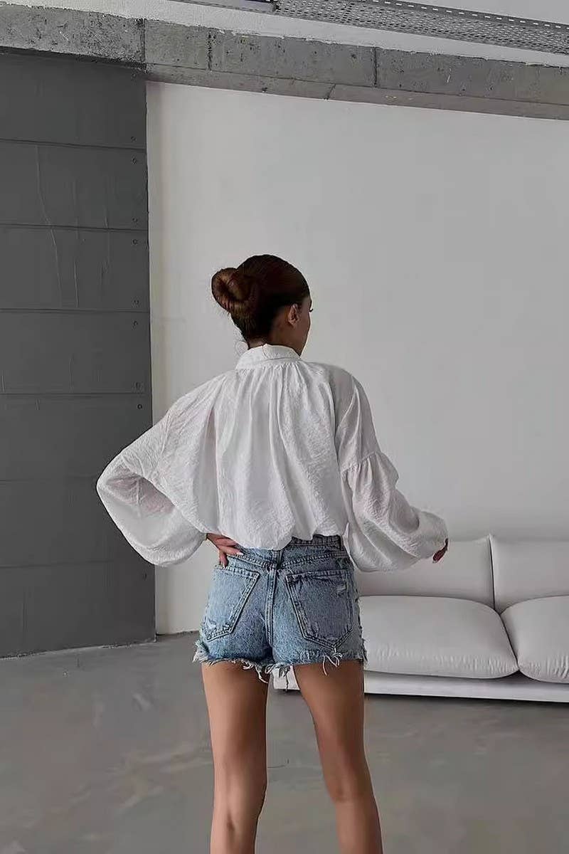 CWTBLL2918_SOLID COLOR LAPEL PUFF SLEEVE SHIRT TOP