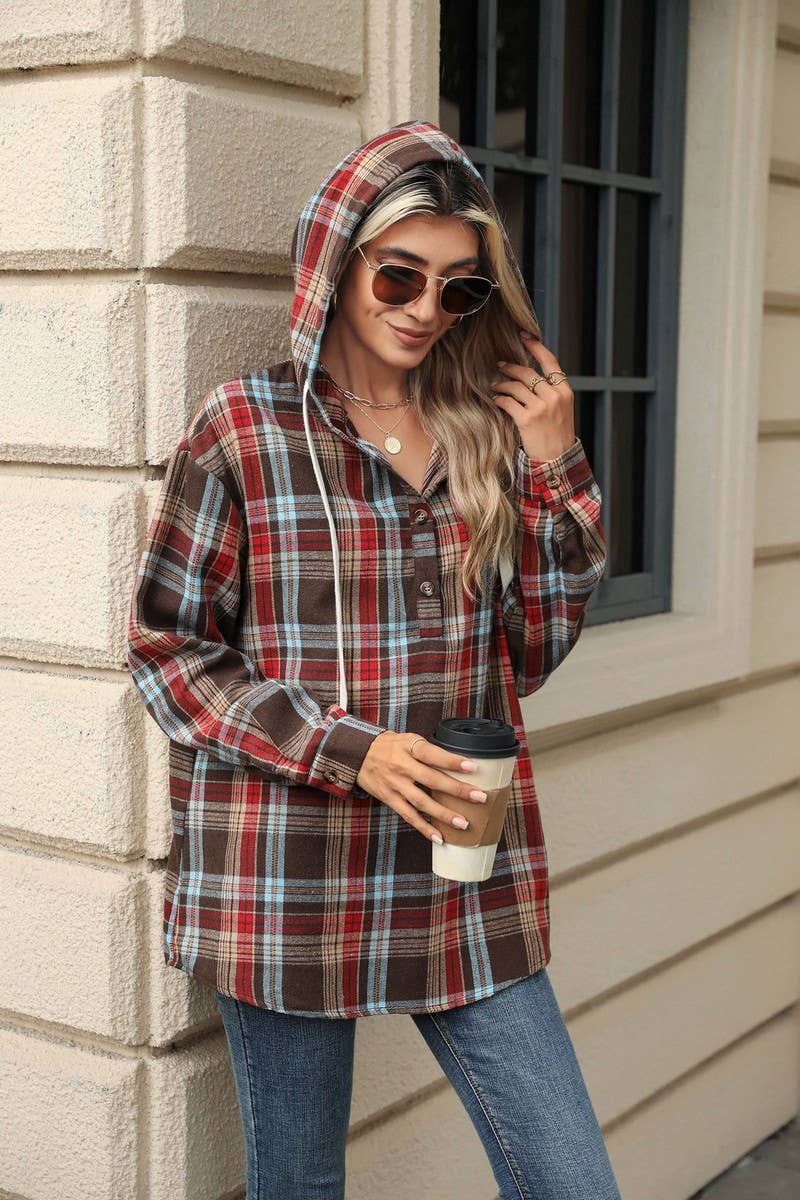 CWOHOL1113_AUTUMN AND WINTER PLAID LOOSE HOODED SWEATSHIRT