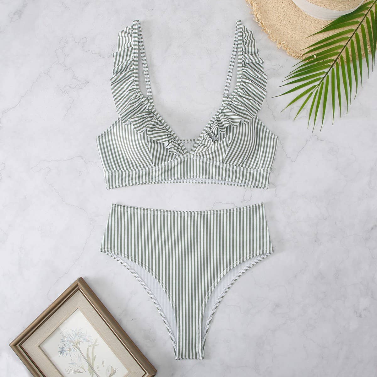 High-Waisted V-Neck Ruffled Bikini Swimsuit