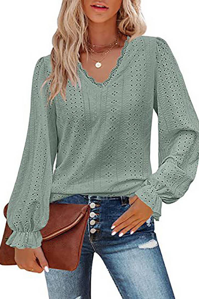 CWTBLL1046_V-NECK SOLID COLOR HOLLOW CASUAL LONG-SLEEVED TOP