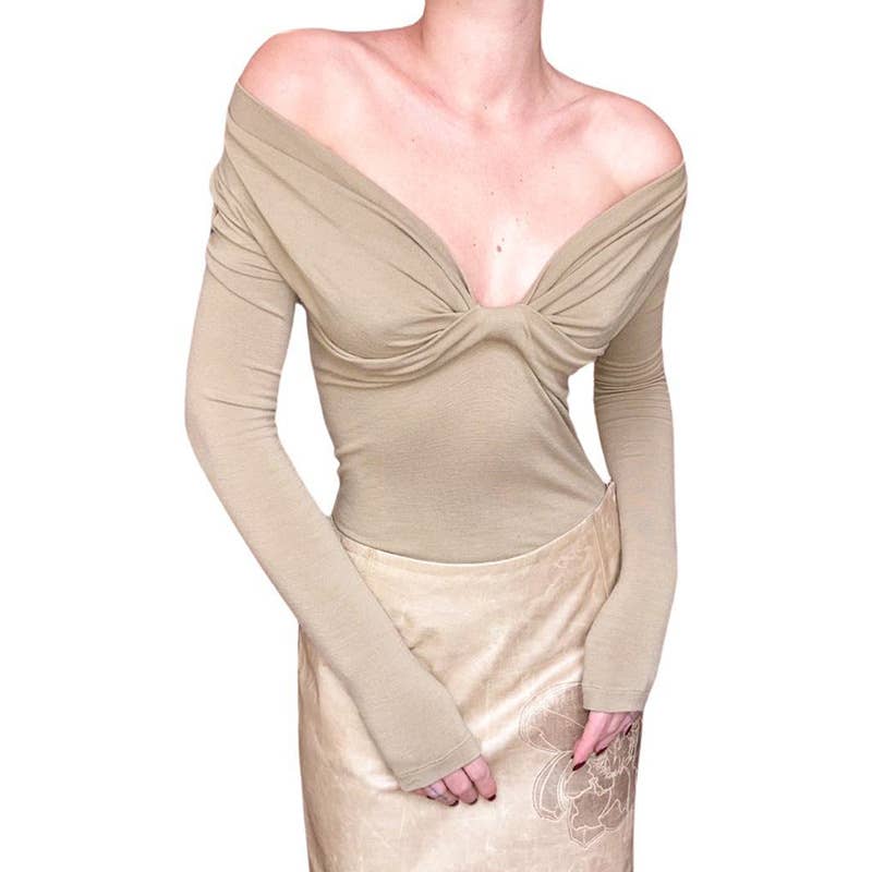 DEEP V-NECK CHEST PLEATED SLIM-FIT T-SHIRT