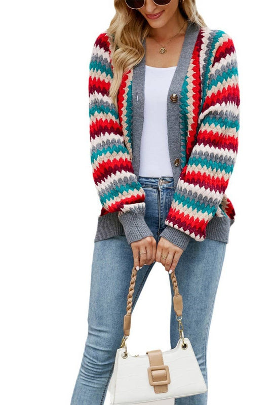 CWOCAL2268_AUTUMN AND WINTER STRIPED V-NECK KNITTED JACKET