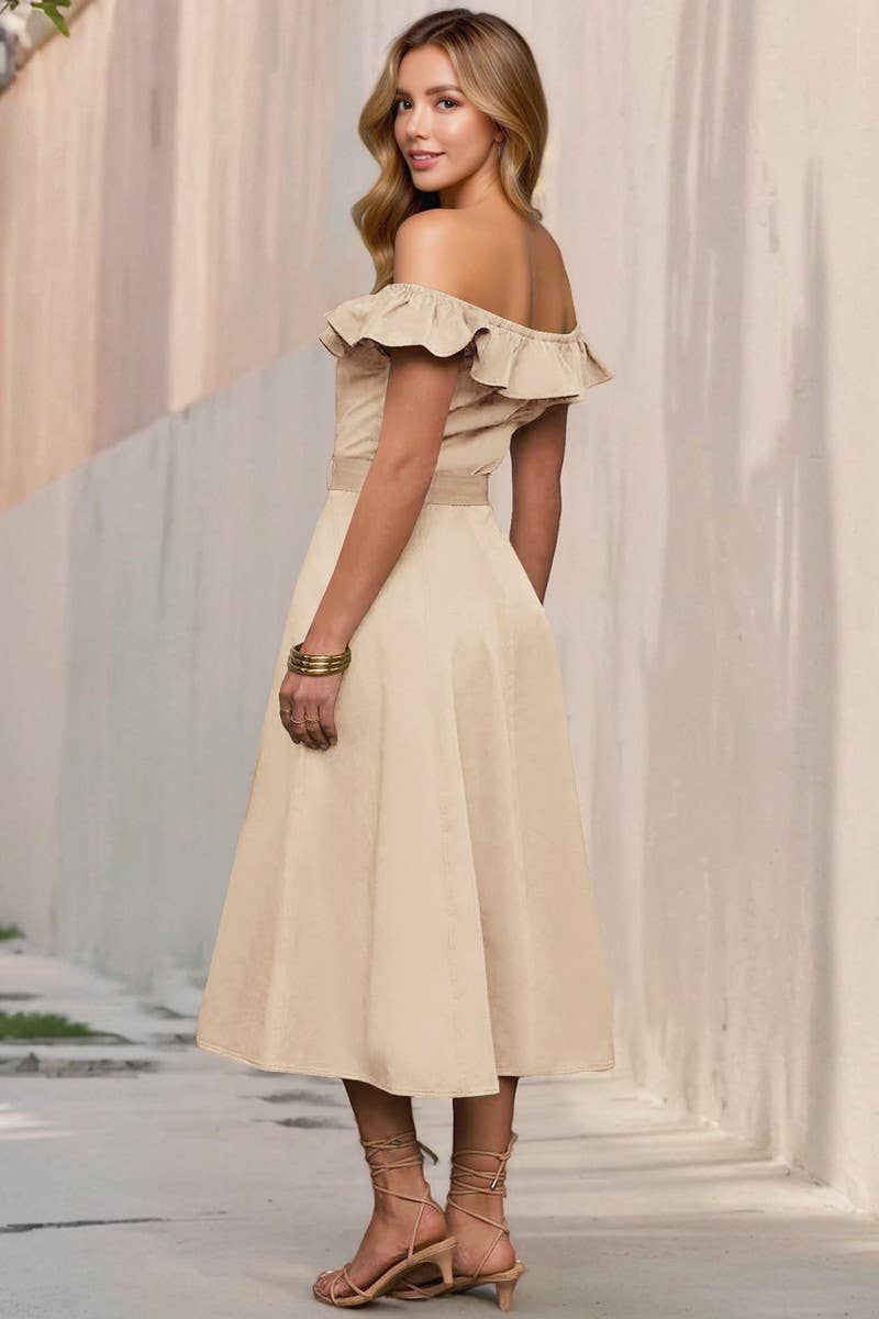 CWDMD6200_VINTAGE OFF SHOULDER RUFFLE BELTED A-LINE DRESS