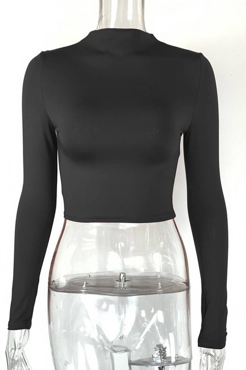 CWTTL1696_NAVEL-EXPOSED HALF-HIGH COLLAR T-SHIRT