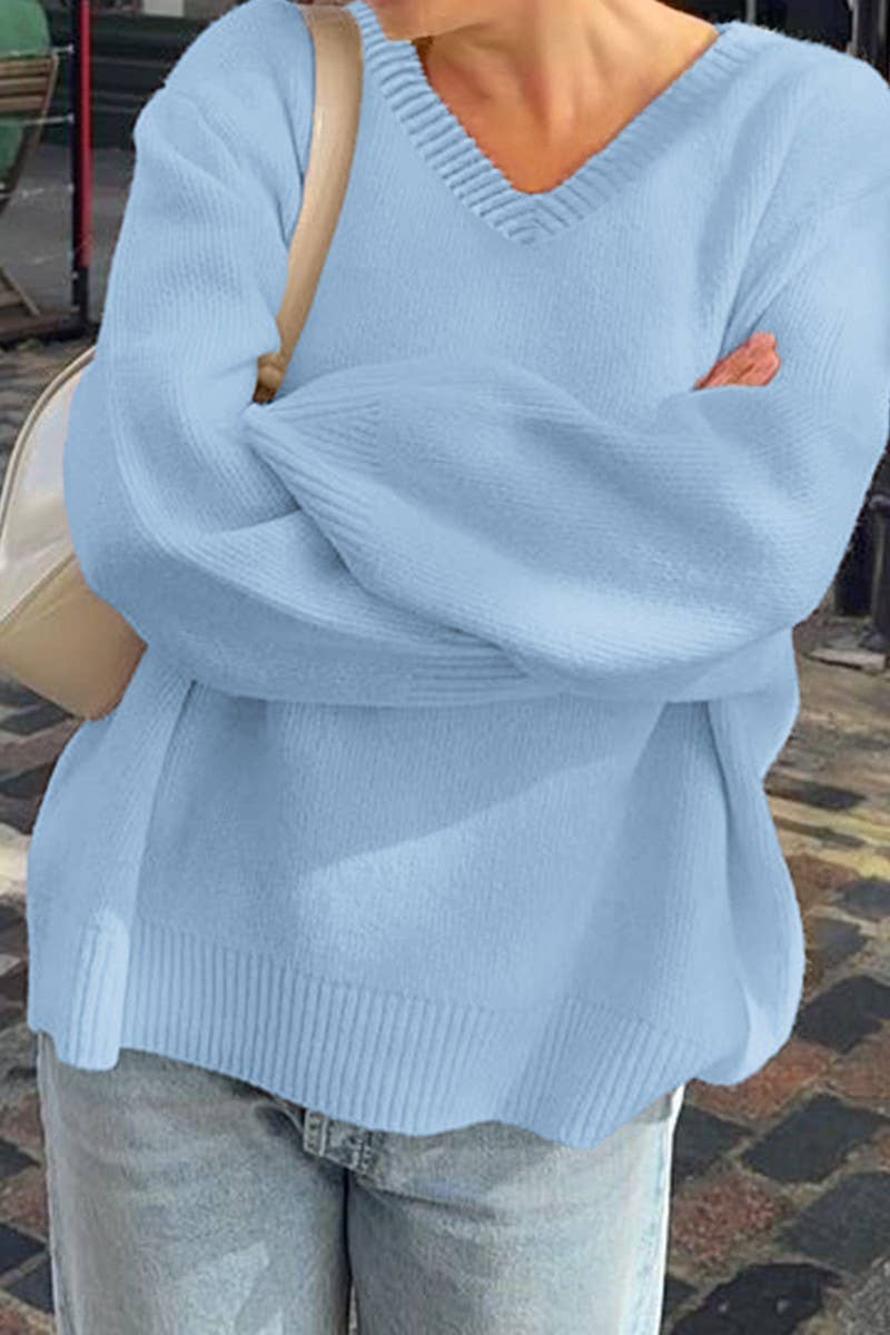 CWOSWL07486_CASUAL V-NECK SOLID LONG SLEEVE KNIT SHIRT