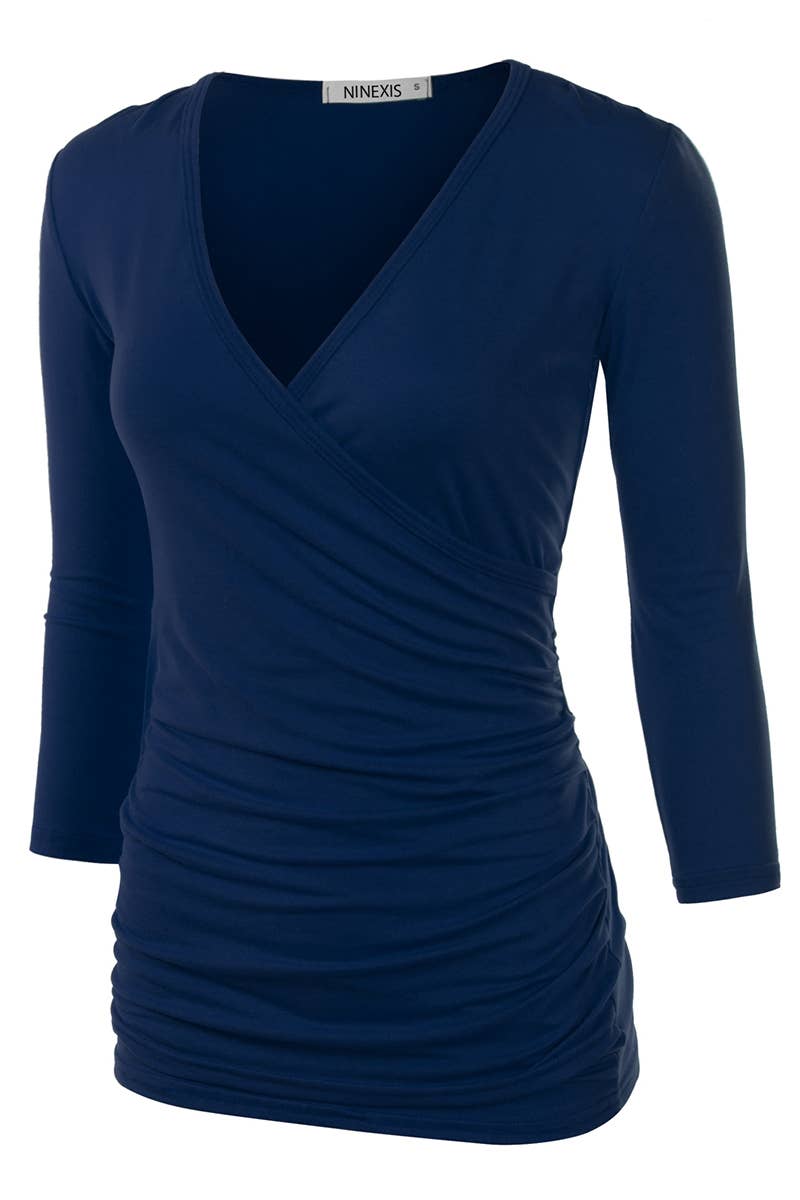 CWTTL1403_3/4 Sleeve Tank Tops Deep V-Neck Surplice Wrap