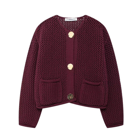 BURGUNDY COARSE NEEDLE KNIT CARDIGAN SWEATER