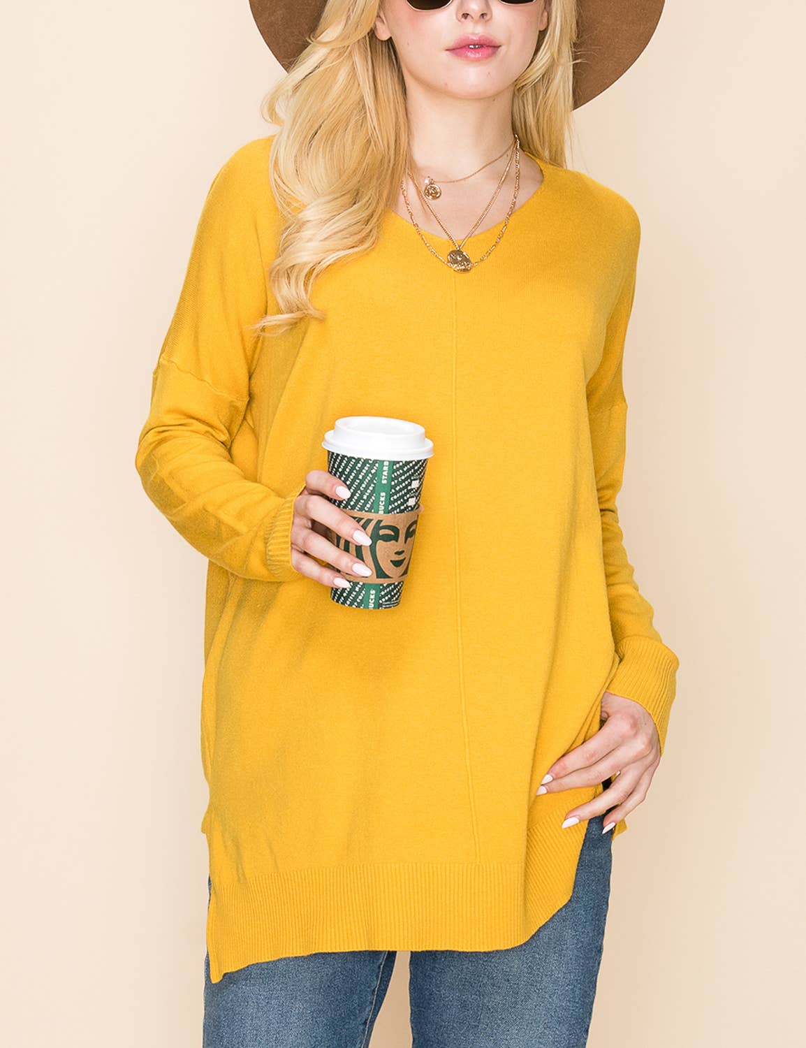 CWOSWL1826_V NECK LOOSE FIT TUNIC LENGTH SOFT SWEATER TOP