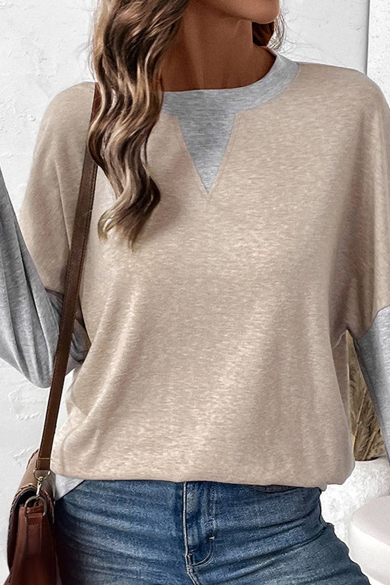 CWTBLL3705_AUTUMN AND WINTER ROUND NECK PATCHWORK LOOSE TOP