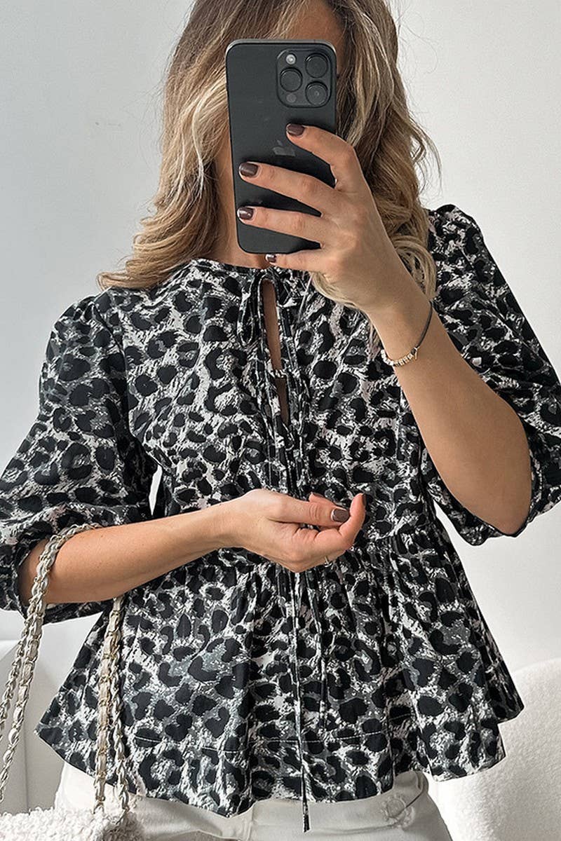 CWTBLL00615_PUFF-SLEEVE TIE-BACK LEOPARD-PRINT SHIRT