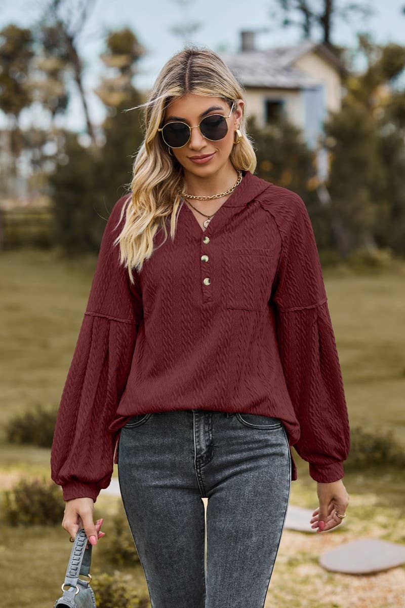 CWOHOL0738_BALLOON SLEEVE HOODED BUTTON LOOSE SWEATSHIRT