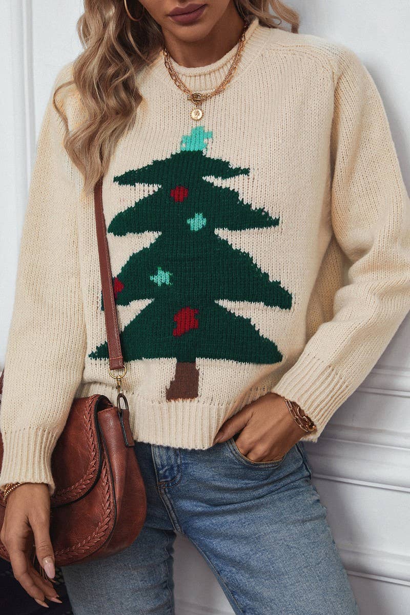 CWOSWL2835_CHRISTMAS TREE PRINT PULLOVER SWEATER