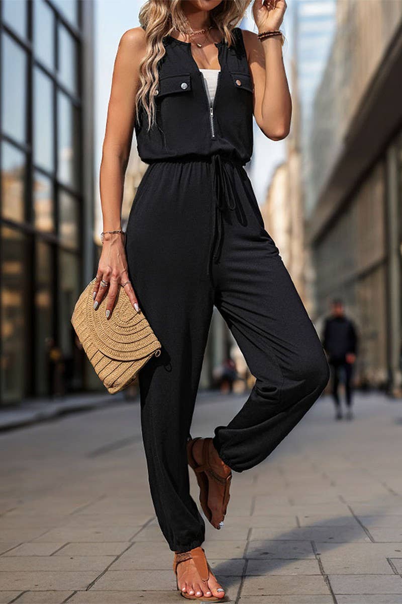 CWSJS1676_BLACK SLEEVELESS ZIPPER CREW NECK JUMPSUIT