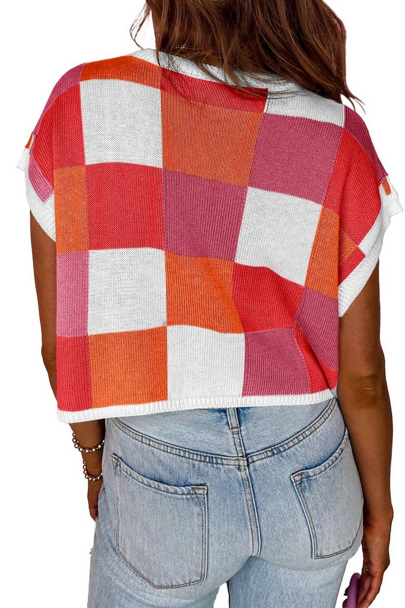 CWOSWS0123_ROUND NECK NAVEL BLOCK CHECKERED KNIT TOP