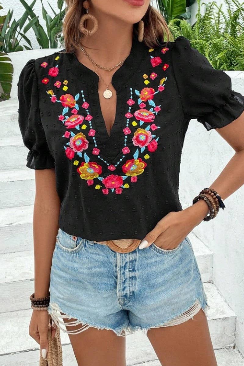 CWTBLS2270_V-NECK FLORAL EMBROIDERED PUFF SLEEVE CHIFFON TOP
