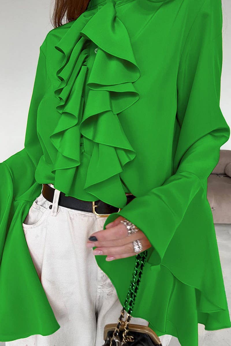 CWTBLL3342_SOLID COLOR RUFFLED LONG SLEEVE SHIRT TOP