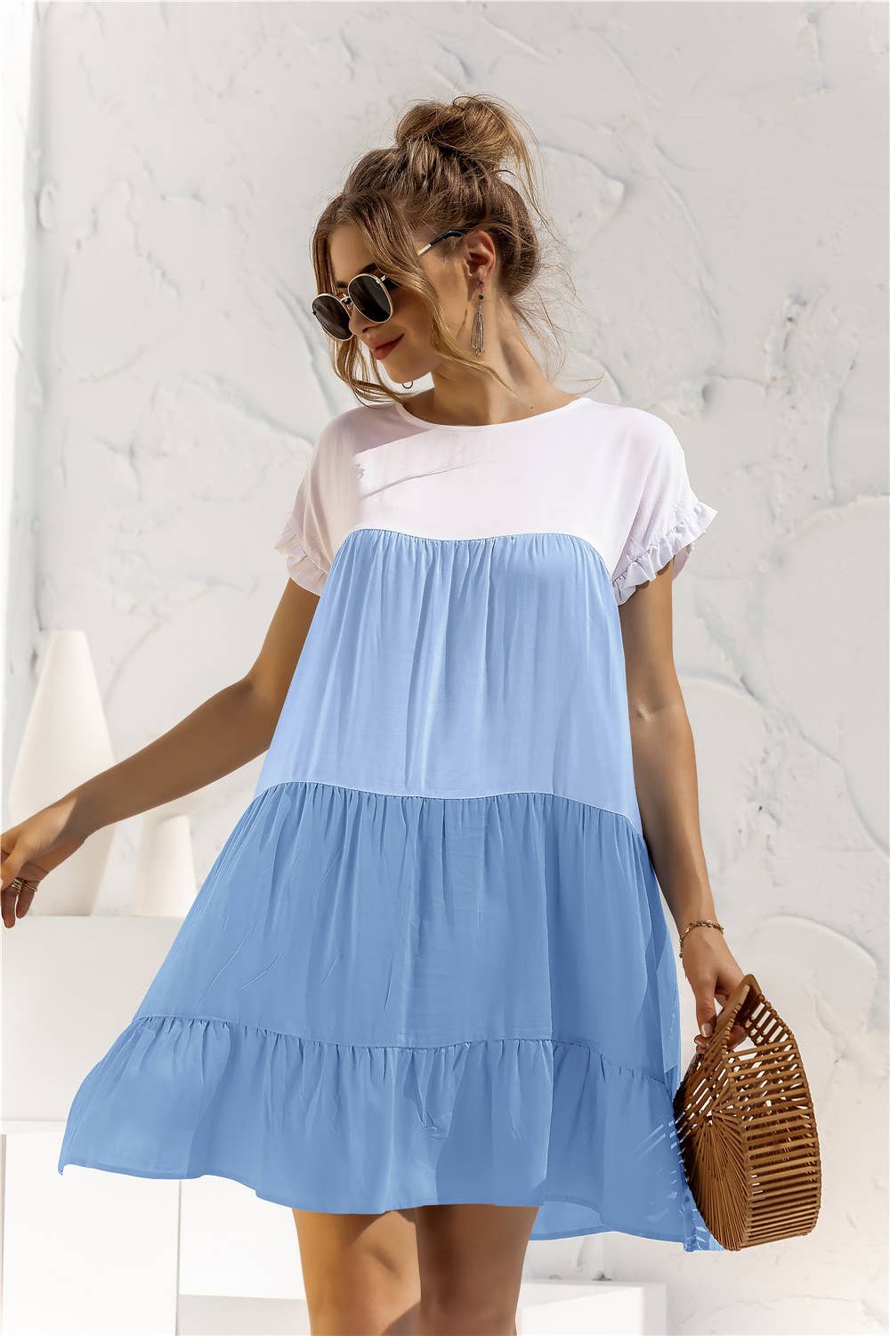 Color contrast baggy cake multi-layer hem dress