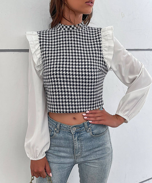 Checkered long-sleeved ruffled patchwork shirt