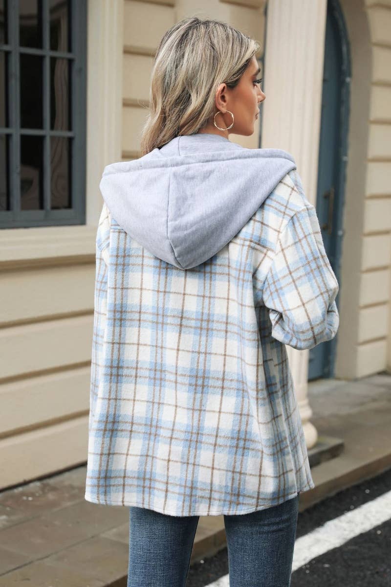 CWTSTL1709_PLAID COLOR MATCHING HOODED LONG-SLEEVED SHIRT