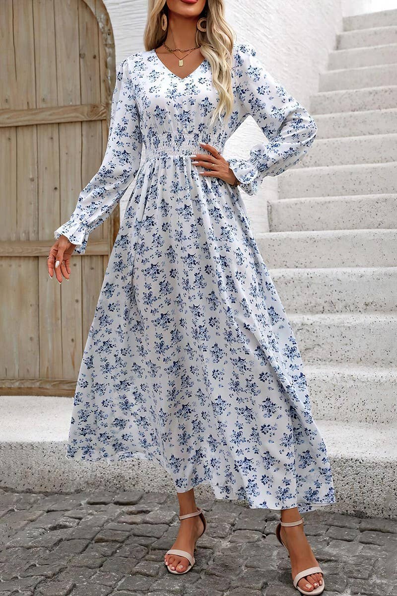 CWDMD4100_PRINTED V-NECK LONG-SLEEVED SWING DRESS