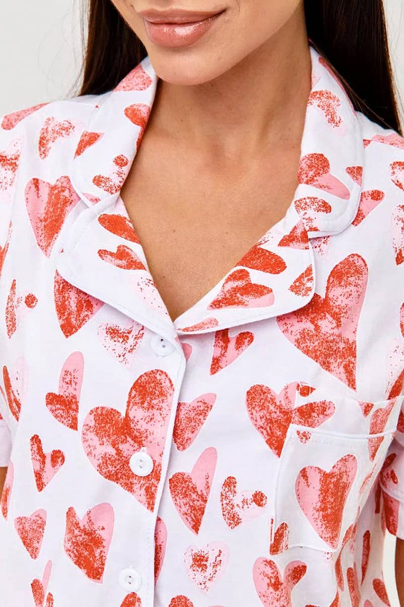 CWSPJ0388_HEART PRINT SHORT SLEEVE SHORTS HOMEWEAR SET