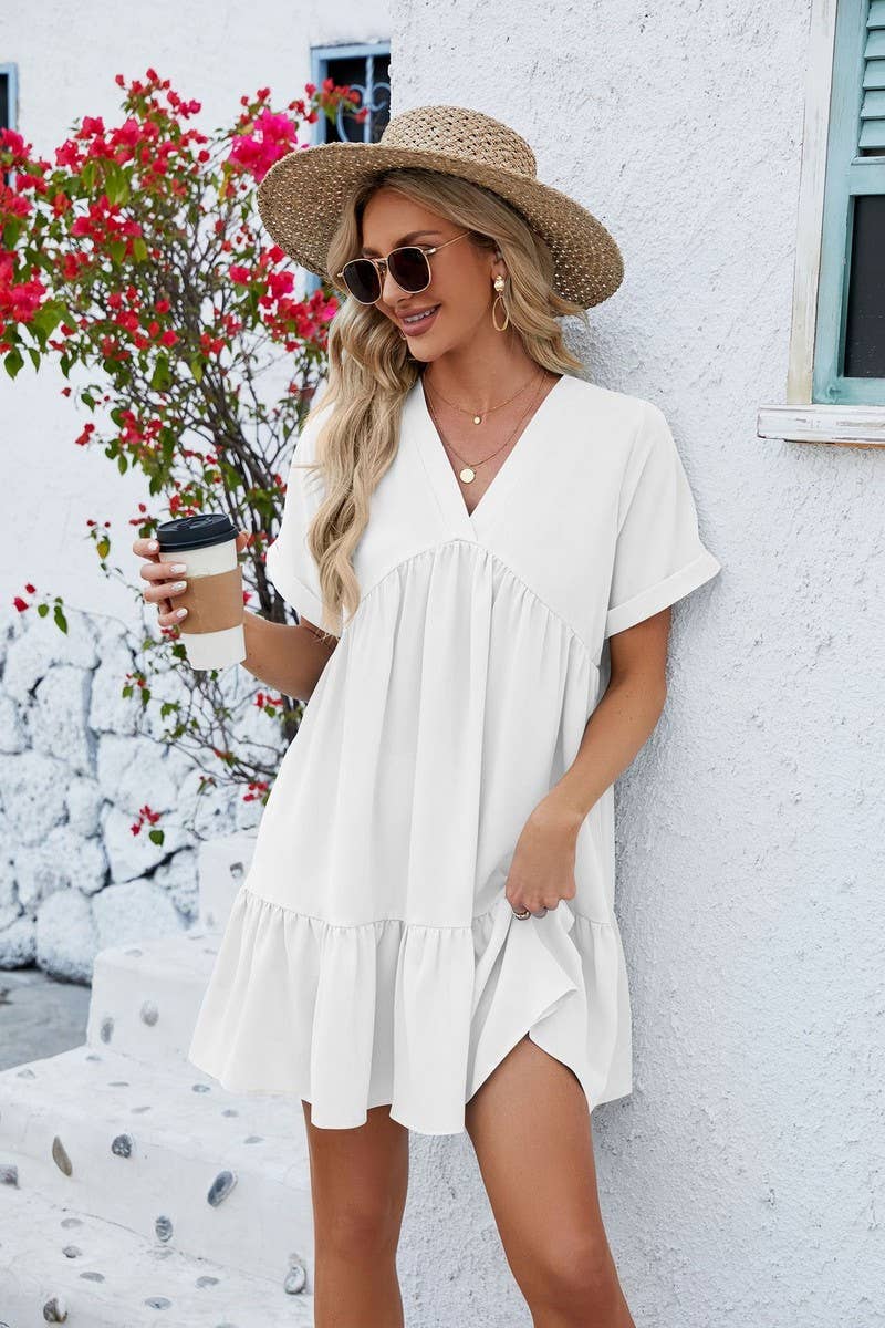 CWDSD3113_V Neck Tiered Short Sleeve Dress