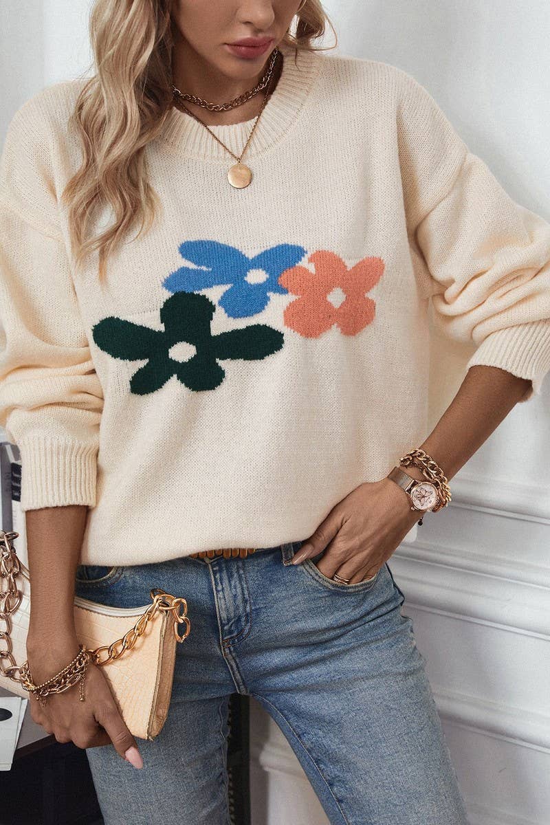 CWOSWL2914_CASUAL FLORAL PRINT CREW NECK KNIT TOP