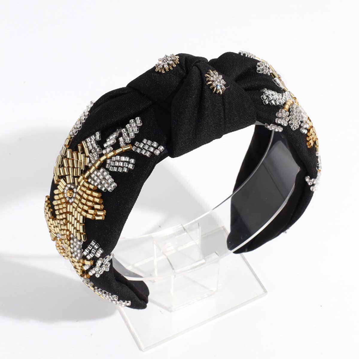 RHINESTONE RICE BEADS KNOTTED WIDE BRIM HEADBAND