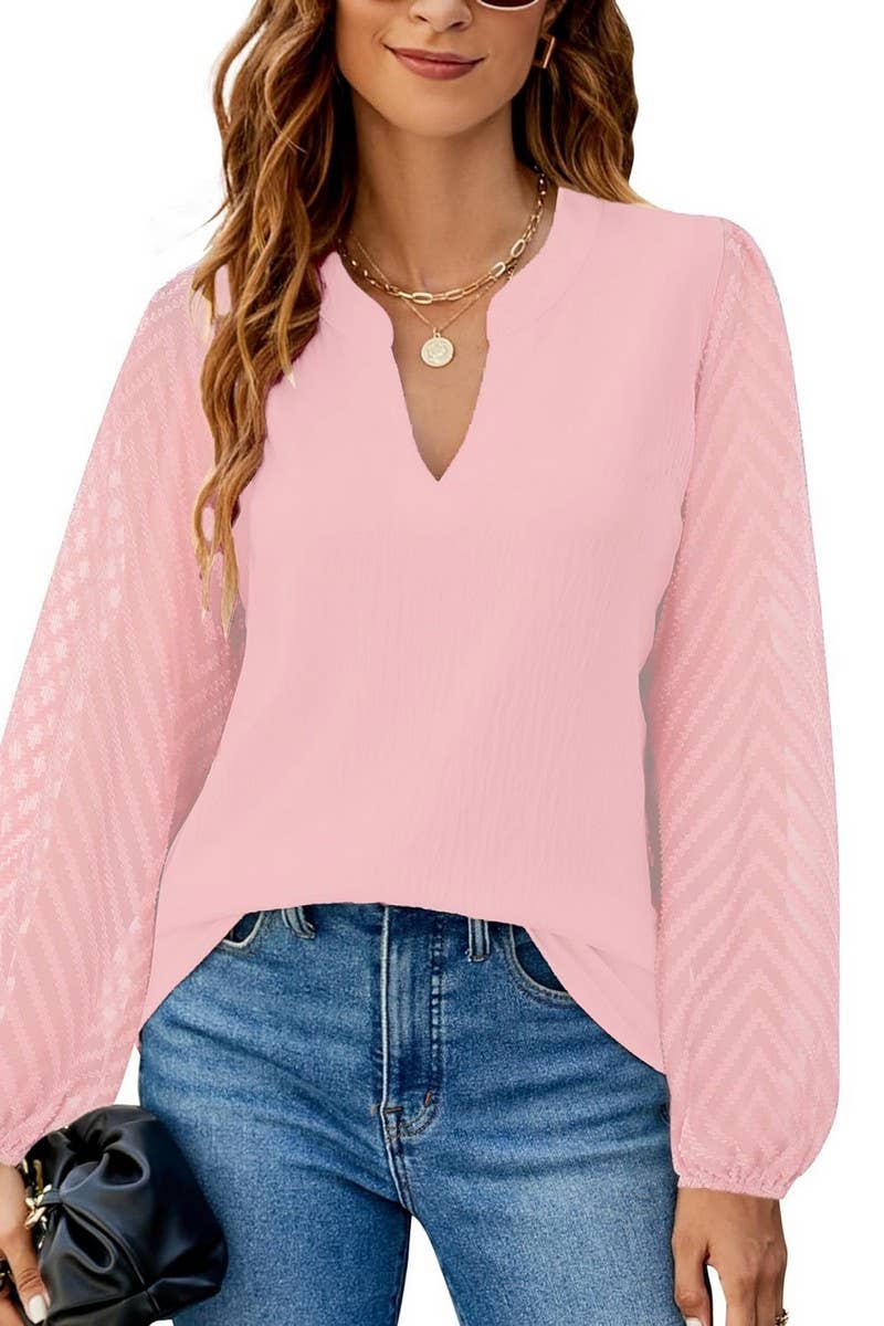 CWTBLL3999_SOLID V-NECK LACE PANEL CHIFFON BLOUSE