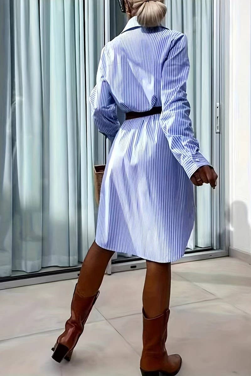 CWTBLL3878_AUTUMN AND WINTER LAPEL BUTTON STRIPED PLAID SHIR