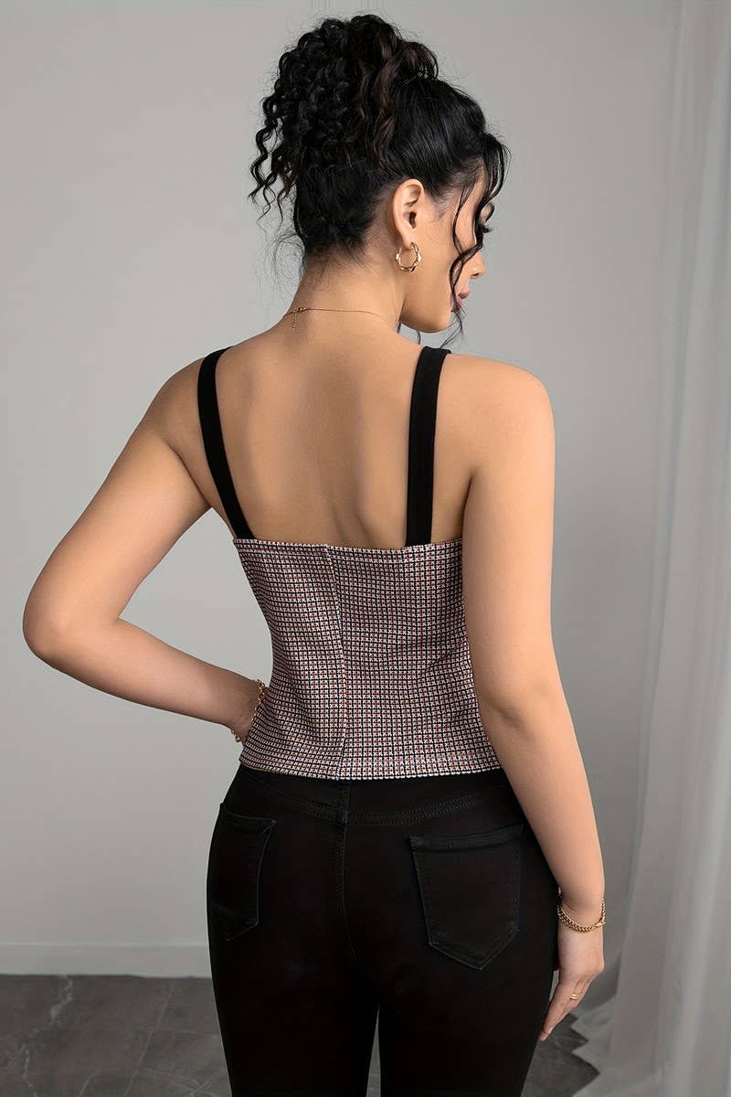 CWTTK1197_VINTAGE PLAID BUTTONED FITTED VEST TOP