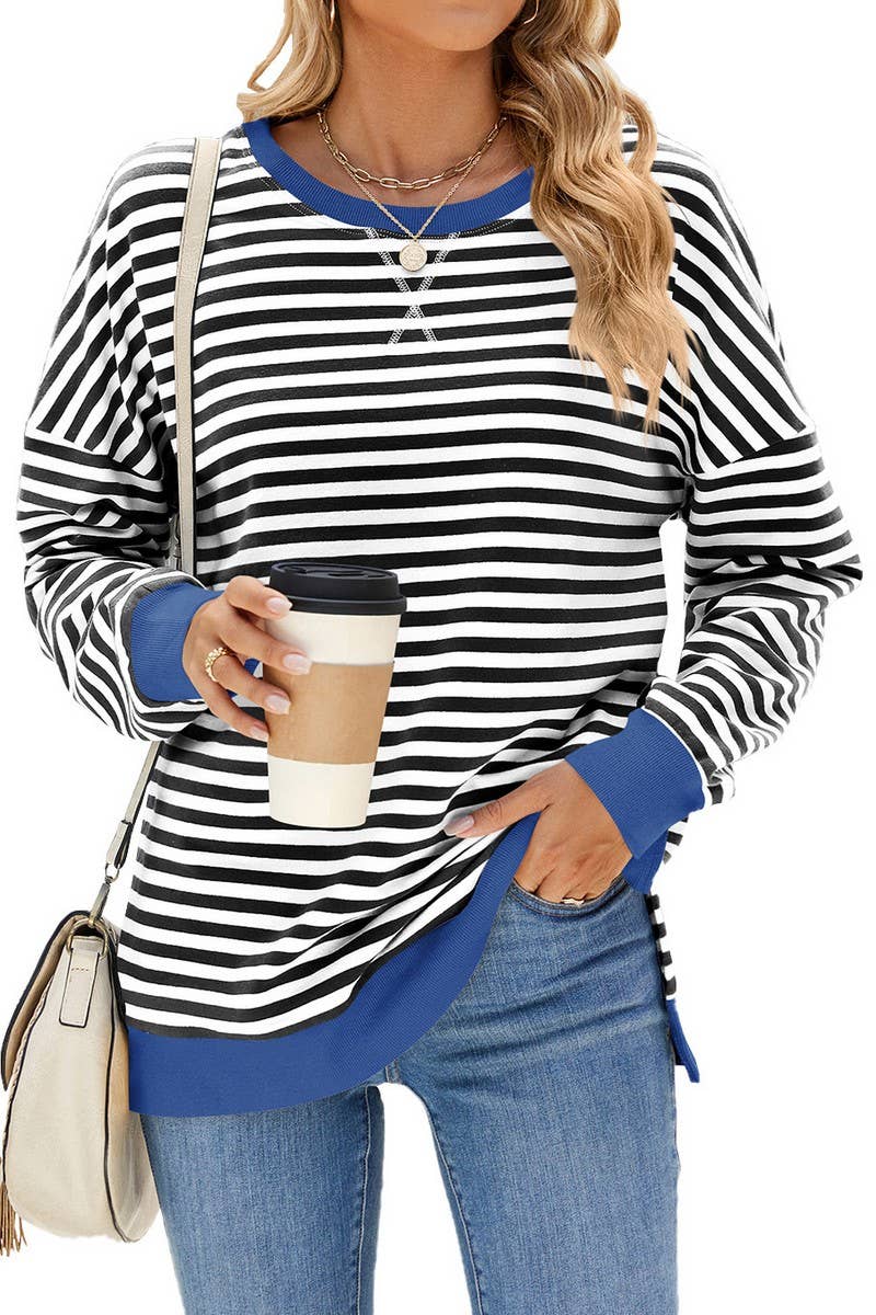 CWTBLL1198_CONTRAST COLOR ROUND NECK STRIPED SWEATSHIRT