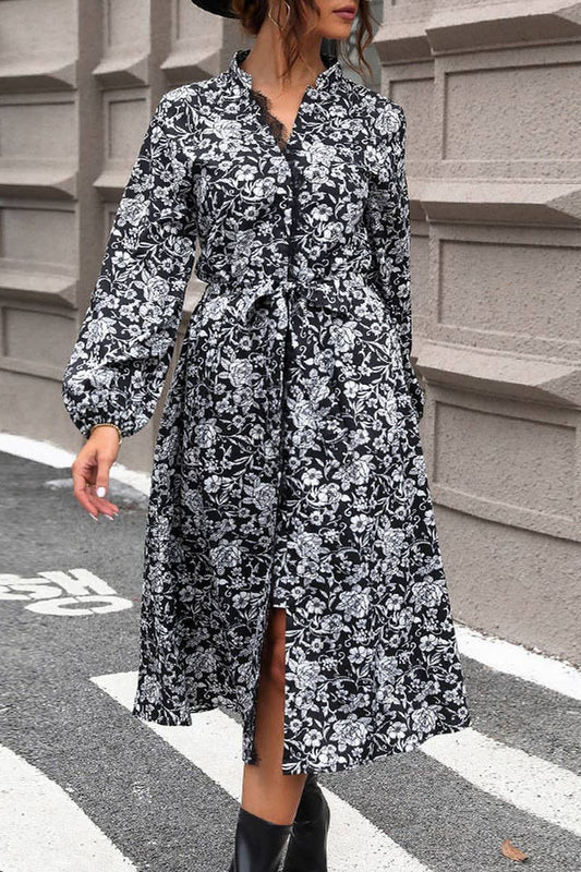 CWDMD3098_STAND COLLAR LACE STITCHING PRINTED SHIRT DRESS