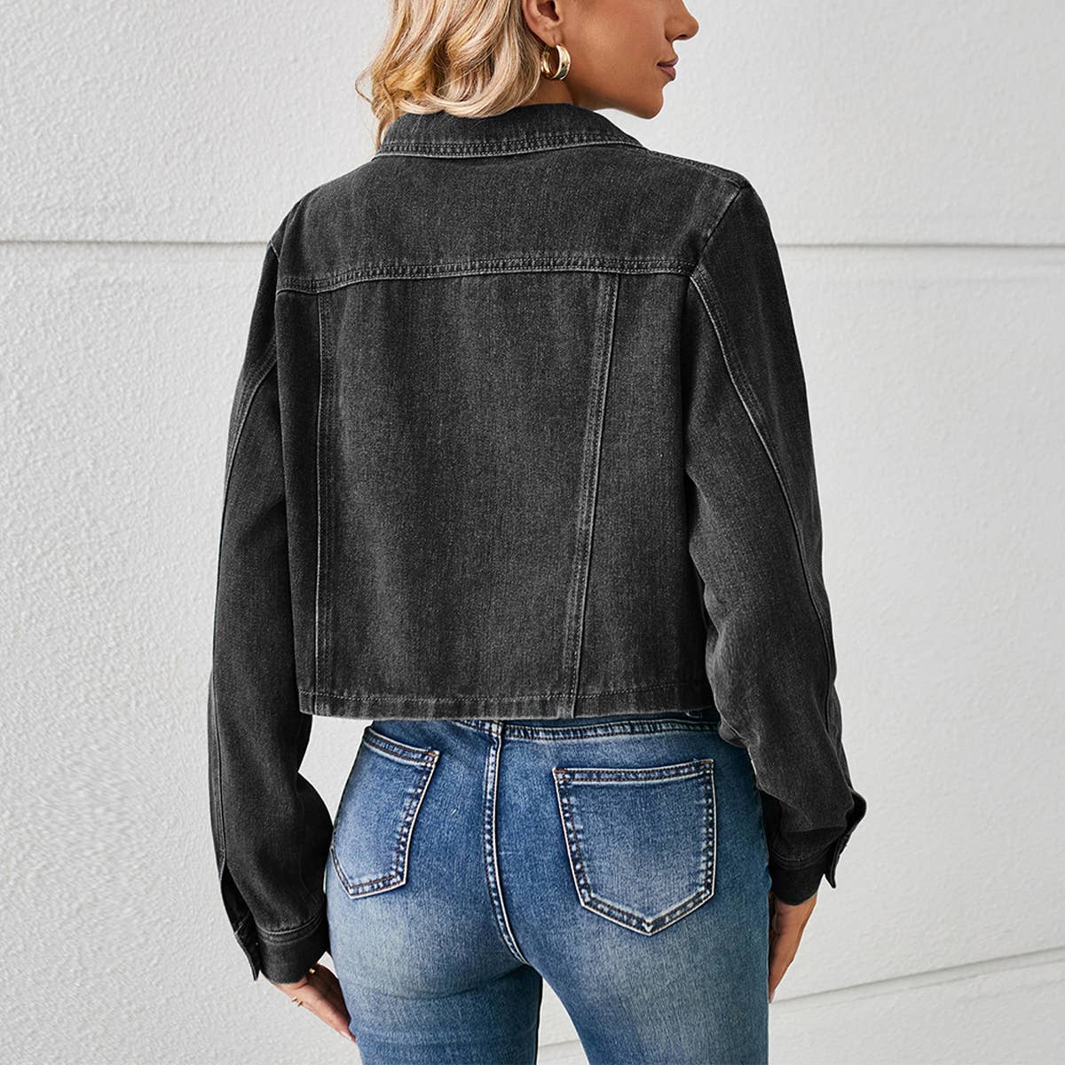 Washed Short Denim Jacket for Women ? Long Sleeve
