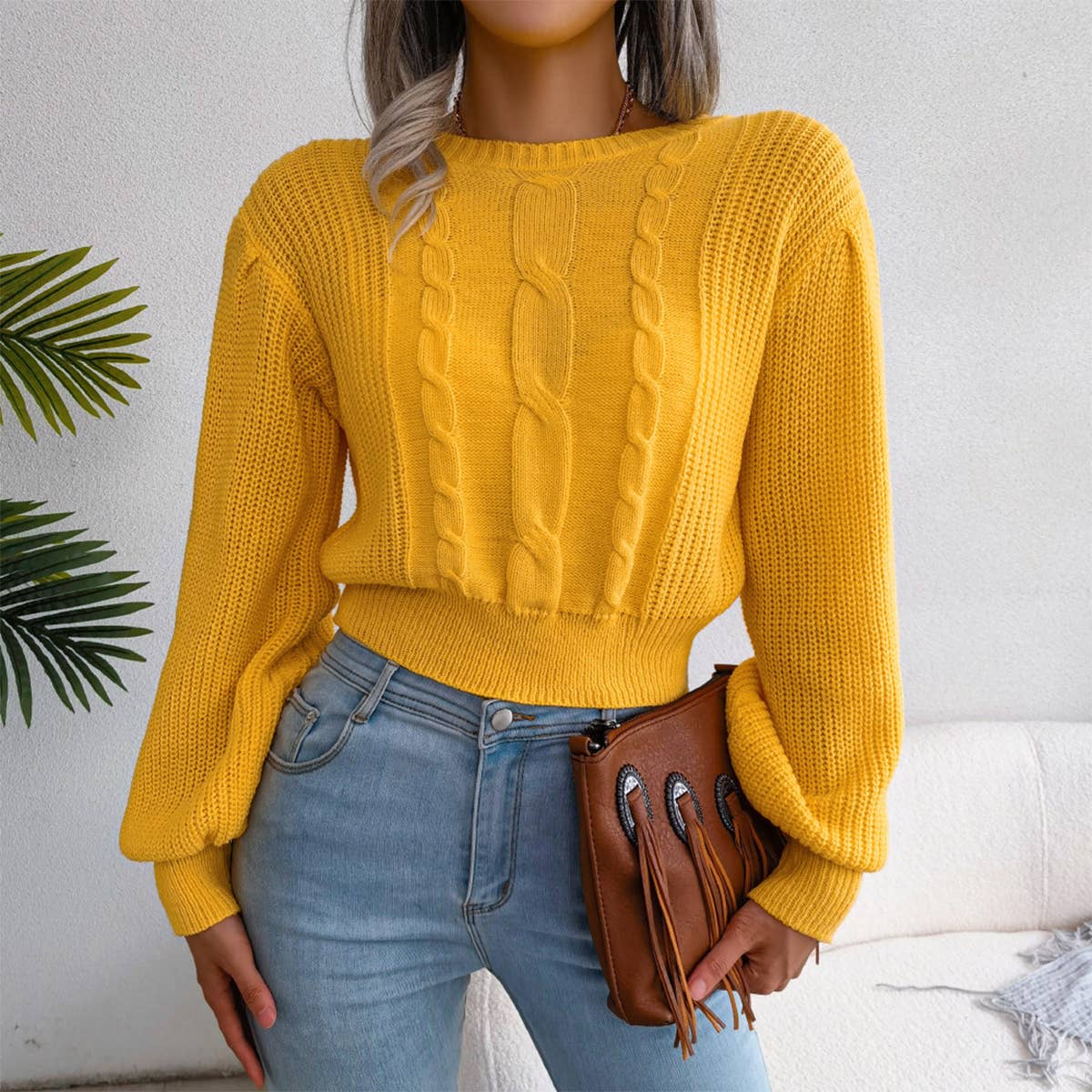 CASUAL TWIST LANTERN SLEEVE WAIST KNIT SWEATER