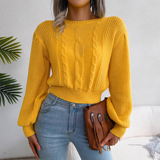 CASUAL TWIST LANTERN SLEEVE WAIST KNIT SWEATER
