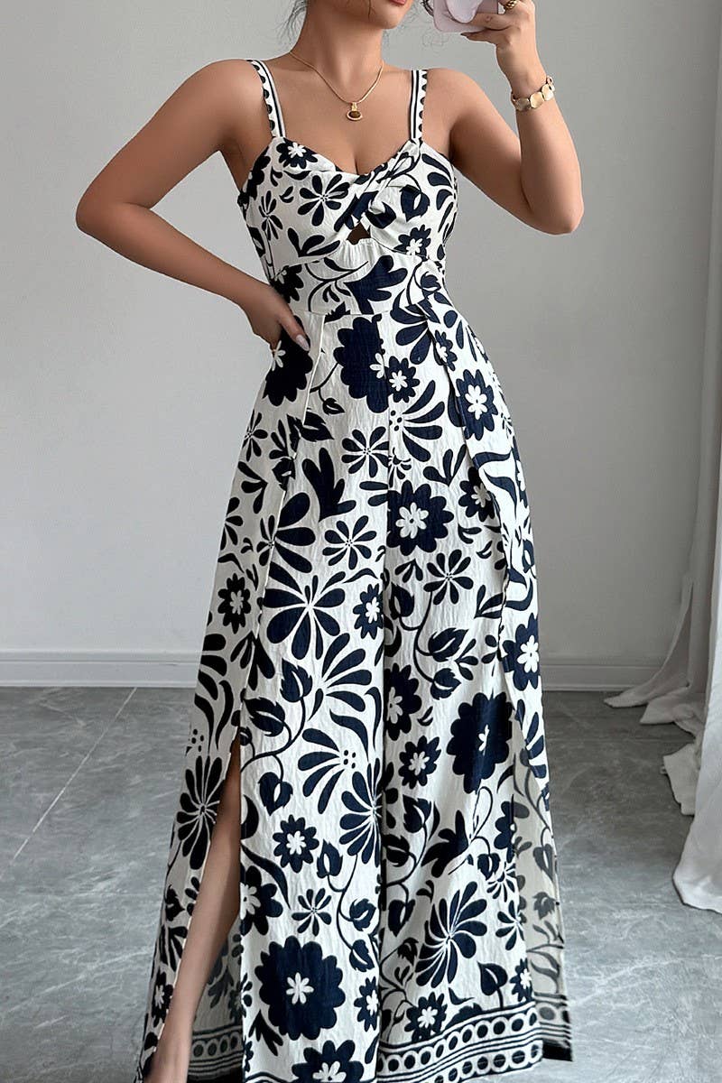 CWDHL0890_ELEGANT TWISTED PRINT SUSPENDERS WIDE-LEG JUMPSUIT