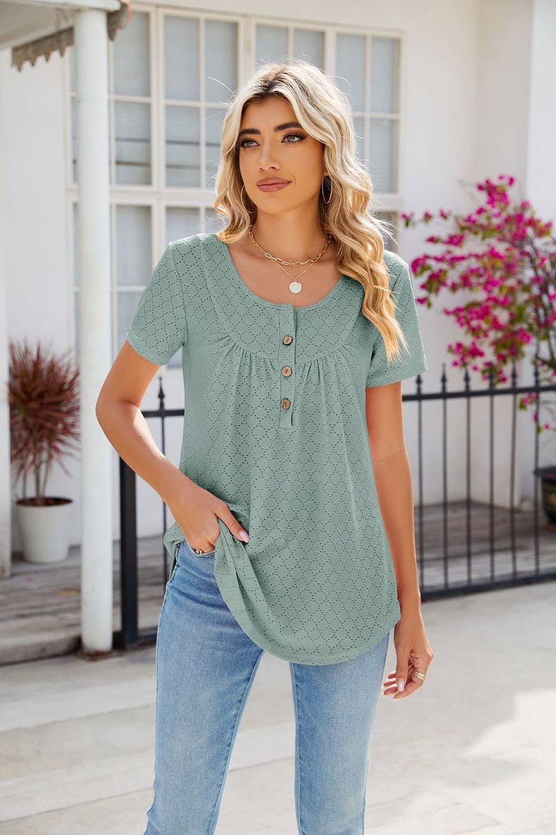 CWTBLS0435_Round Neck Short Sleeve Blouse