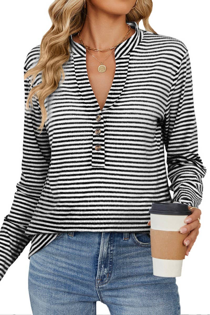 CWTBLL1838_V-NECK BUTTON-DOWN STRIPED CASUAL T-SHIRT TOP