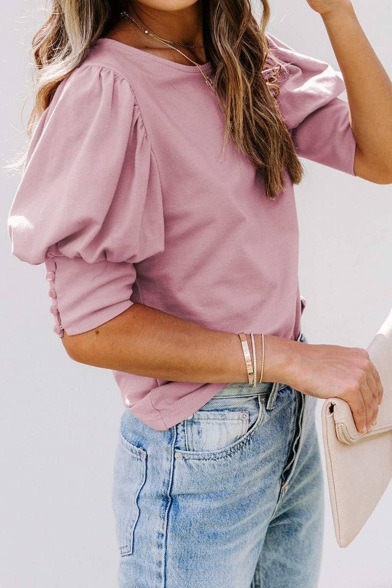 CWTBLS1601_ROUND NECK SOLID COLOR LOOSE SHORT SLEEVE TOP