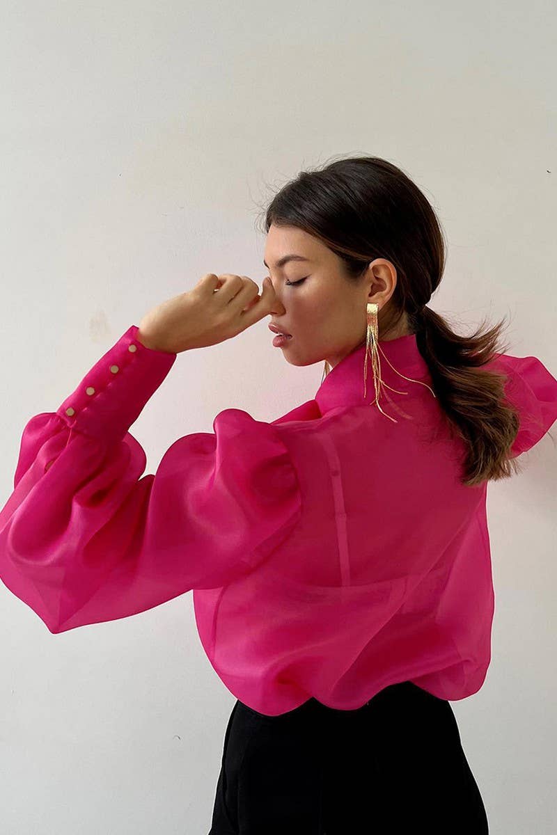 CWTSTL2579_PUFF SLEEVE BOWKNOT SEE-THROUGH LONG SLEEVE TOP