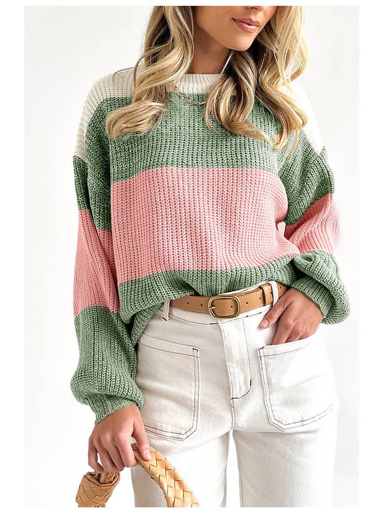 COLOR CONTRAST PATCHWORK LOOSE CREW NECK SWEATER
