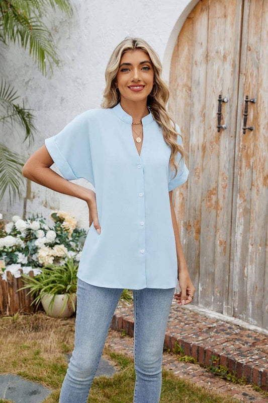 CWTBLS2280_SOLID V-NECK BUTTON DOWN CASUAL SHIRT TEE TOP