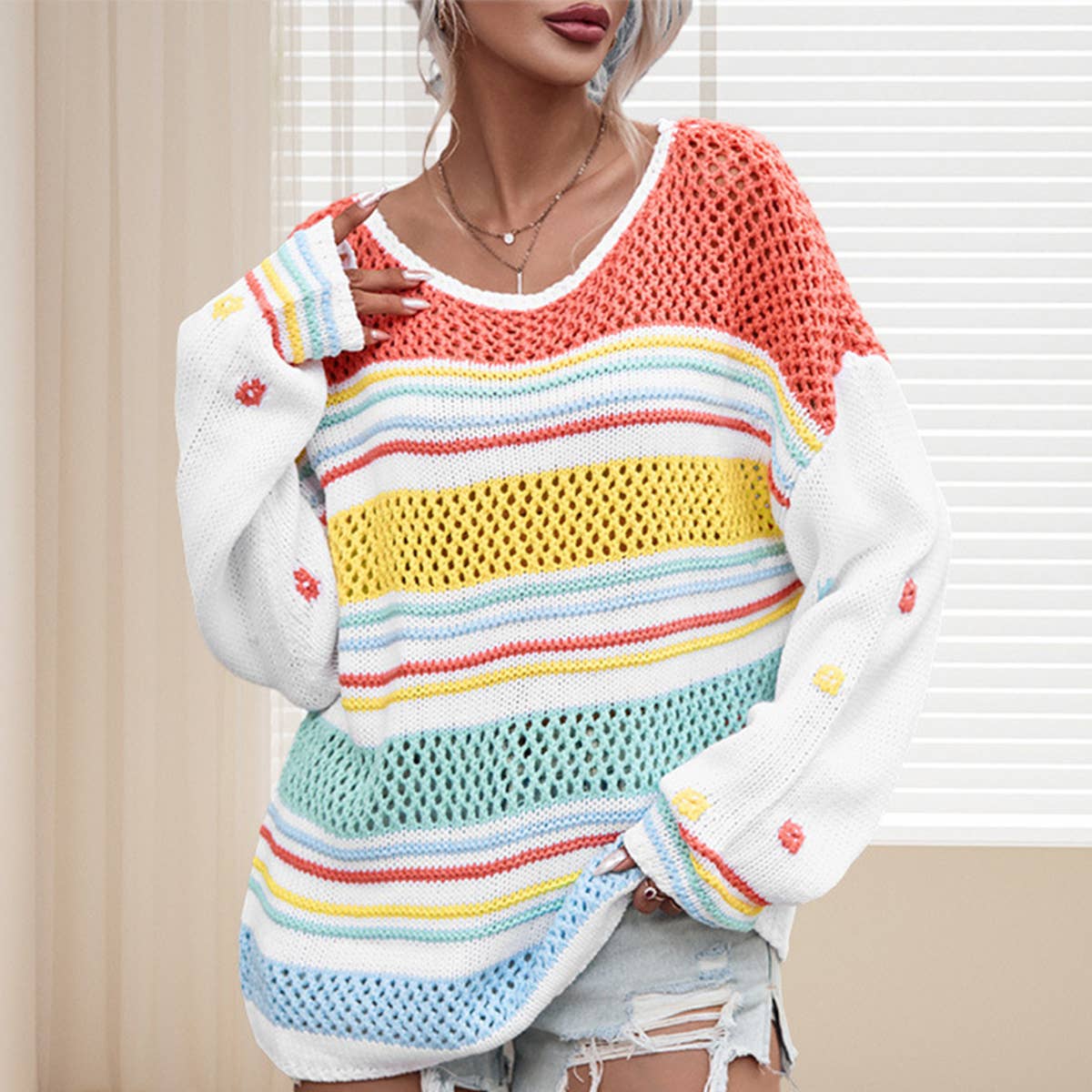 CUT-OUT PULLOVER WITH DOPAMINE MATCHING STRIPES